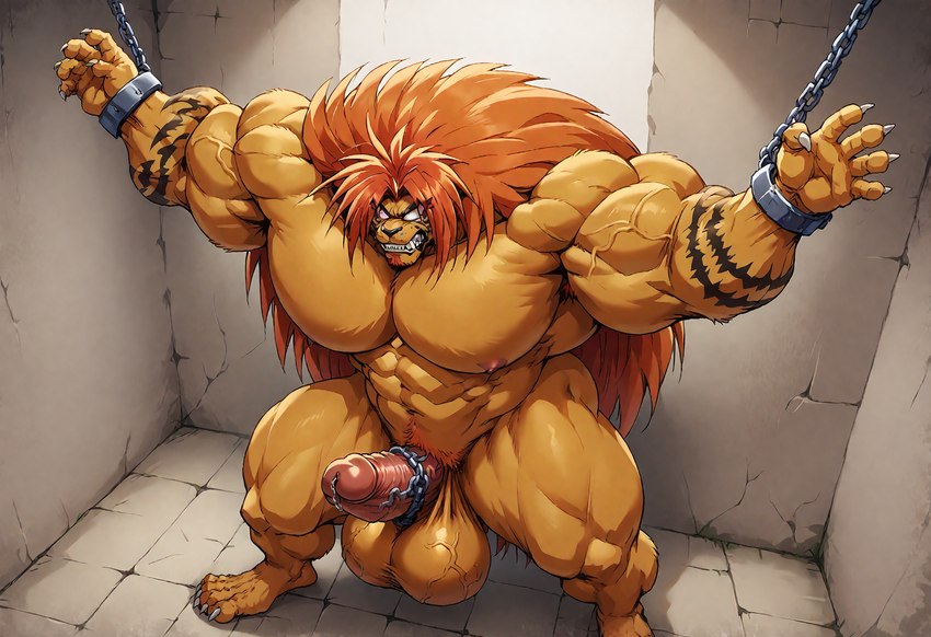 abs anthro balls biceps big_balls big_muscles chain chained clenched_teeth erection fur genitals hair high-angle_view huge_balls huge_muscles humanoid_genitalia humanoid_penis male muscular orange_body orange_fur orange_hair pecs penis plantigrade prison_cell solo standing teeth ushio_to_tora_(anime) vein veiny_balls veiny_muscles vanzilen felid mammal pantherine tiger yokai hi_res