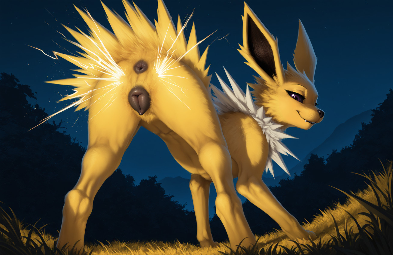 animal_genitalia animal_pussy anus canine_genitalia canine_pussy electricity female feral fur genitals looking_at_viewer looking_back looking_back_at_viewer low-angle_view night outside presenting purple_eyes pussy smug solo sparks yellow_body yellow_fur bommel nintendo pokemon eeveelution generation_1_pokemon jolteon pokemon_(species) hi_res