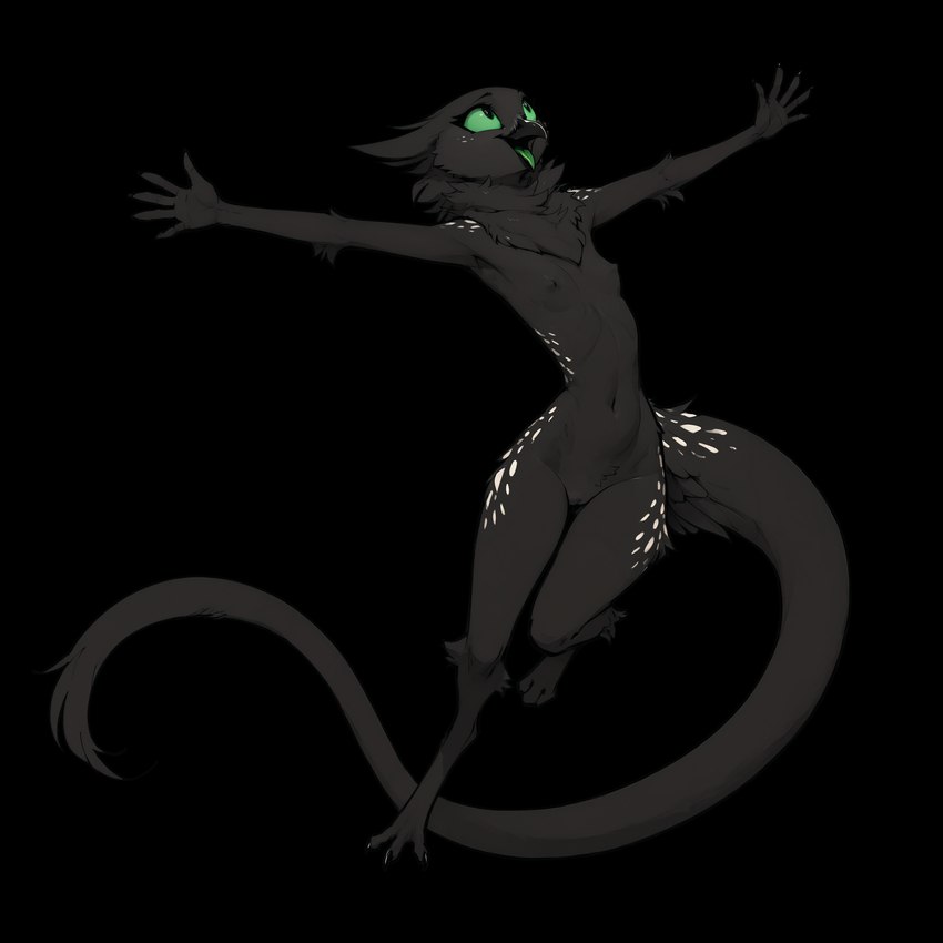 3_toes 5_fingers action_pose anthro beak black_body black_fur breasts claws digitigrade excited feet female fingers fluffy fur genitals green_sclera green_tongue happy joyful jumping long_tail looking_up neck_tuft open_beak open_mouth outstretched_arms pose pussy simple_background slim small_breasts solo spots spotted_body spotted_fur thick_tail toe_curl toes tongue transparent_background tuft oldhroft shadow_(oldhroft) avian velari alpha_channel hi_res