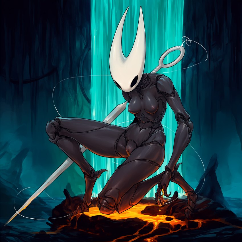 black_body breasts cavern exoskeleton female genitals navel nipples non-mammal_breasts non-mammal_nipples nude pussy silk solo waterfall weapon berto hollow_knight team_cherry hornet_(hollow_knight) animal_humanoid arthropod arthropod_humanoid humanoid hi_res