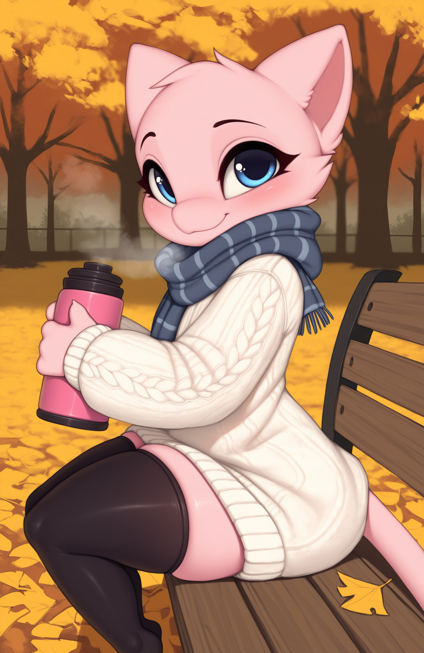 anthro autumn bench black_clothing black_legwear black_thigh_highs clothing female fluffy from_side legwear looking_at_viewer park park_bench scarf sitting_on_bench smile solo sweater thermos thigh_highs topwear wool_(fabric) wool_clothing bommel nintendo pokemon legendary_pokemon mew pokemon_(species) absurd_res hi_res