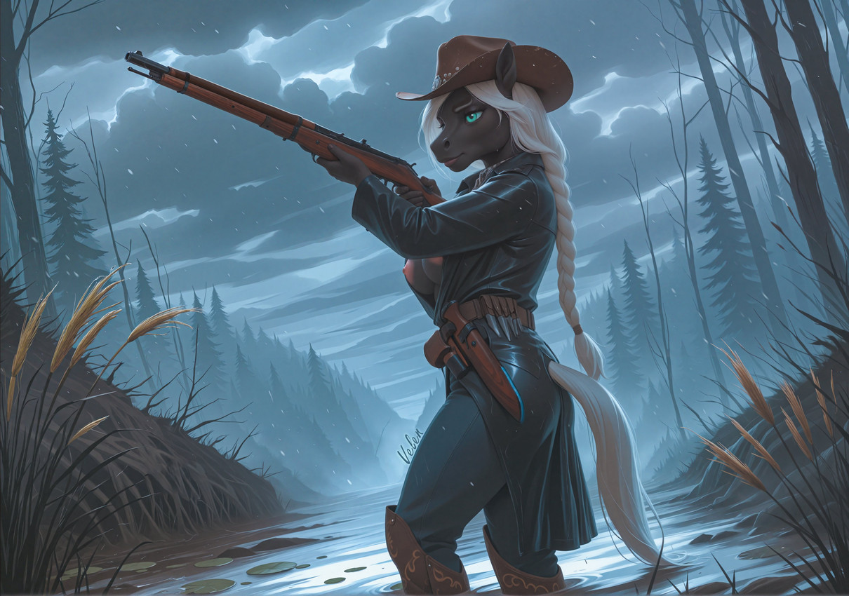 anthro black_body black_clothing braided_hair clothing cloud cowboy_hat evergreen_tree female forest gun hair hat headgear headwear holding_object holding_weapon leather leather_clothing outside pine_tree plant ranged_weapon rifle solo standing_in_water swamp tail teal_eyes tree weapon white_hair velen eva_(velen) equid equine horse mammal absurd_res director_name hi_res