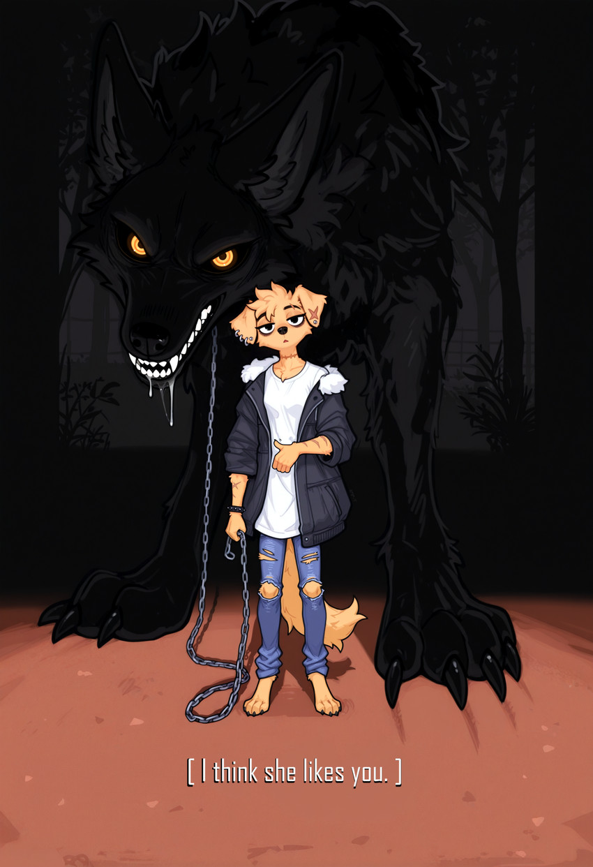 4_toes 5_fingers amber_eyes anthro bags_under_eyes black_body black_claws black_eyebrows black_eyes black_fur black_nose black_sclera bodily_fluids bottomwear bracelet chain chest_tuft claw_marks claws clothed clothing collarbone denim denim_clothing drooling duo ear_piercing extreme_size_difference eyebrows feet female female/female feral fingers front_view fur gesture head_tuft jacket jeans jewelry larger_feral leash nude open_mouth pants piercing ringed_eyes saliva scar shirt size_difference smaller_anthro spiked_bracelet spikes standing text thumbs_up toes topwear torn_bottomwear torn_clothing torn_jeans torn_pants tuft white_clothing white_shirt white_topwear yellow_body yellow_fur koyo bird_dog canid canine canis domestic_dog golden_retriever hunting_dog mammal retriever wolf absurd_res english_text hi_res