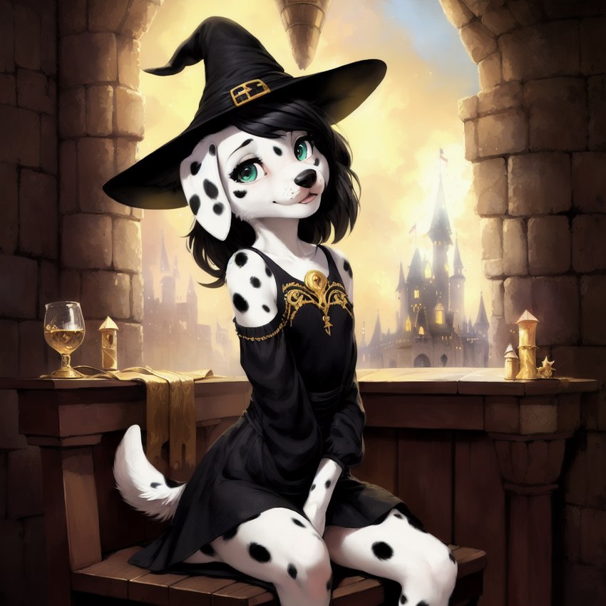 anthro castle clothing detailed_background dress female fur hair hat headgear headwear looking_at_viewer magic_user sky smile solo spots stable_diffusion white_body white_fur witch young psyai canid canine canis dalmatian domestic_dog hunting_dog mammal