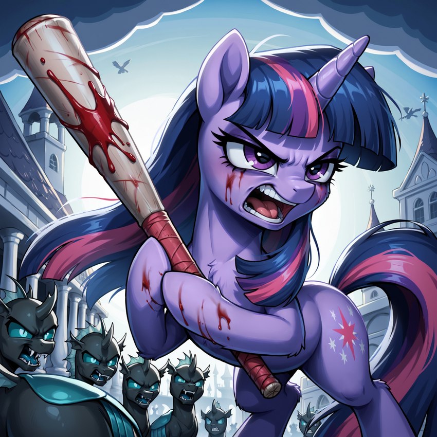 ambiguous_gender angry army bangs baseball_bat bat_(object) blood blood_covered blood_splatter bodily_fluids building cutie_mark dark_clouds ears_up female feral fight friendship_is_magic group hair hasbro horn multicolored_hair multicolored_tail open_mouth pillars purple_eyes surrounded tongue weapon window tyto4tme4l twilight_sparkle_(mlp) arthropod changeling equid equine mammal my_little_pony unicorn hi_res