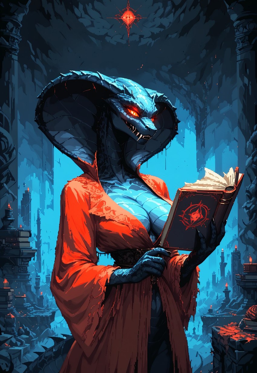 altar anthro big_breasts black_body black_scales blue_background blue_light book breasts candle clawed_hands cleavage clothed clothing column dungeon fangs female glowing glowing_eyes holding_object inside mostly_nude non-mammal_breasts reading red_eyes robe robe_only scales simple_background snake_hood solo symbol rune_parrot cobra reptile scalie snake half-length_portrait hi_res portrait