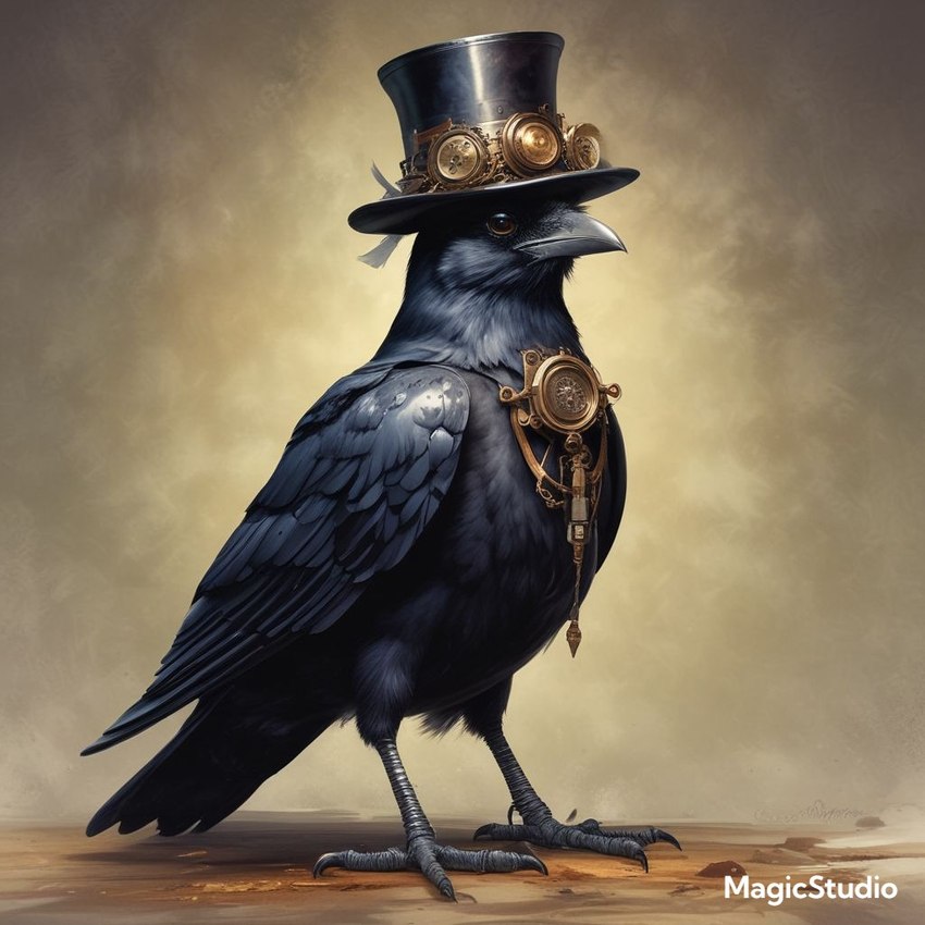 beak black_body black_talons brown_eyes clothing feathers female feral grey_beak hat headgear headwear solo standing steampunk tail_feathers top_hat wings cow_of_fire avian bird corvid corvus_(genus) crow oscine passerine 1:1