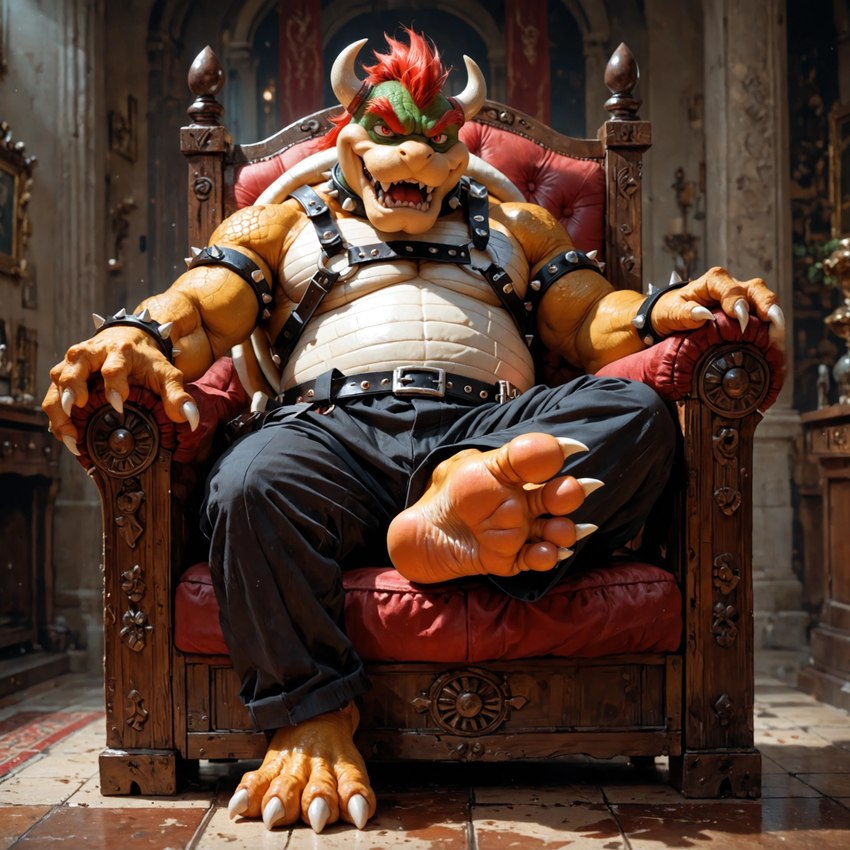4_toes anthro belly belt bottomwear chair claws clothing fangs feet fingers foot_focus furniture hair horn leather male open_mouth orange_body pants red_eyes red_hair scales sharp_teeth sitting smile soles solo spikes teeth throne toe_claws toes tongue white_body wrinkled_feet footlover95 bowser koopa scalie absurd_res hi_res