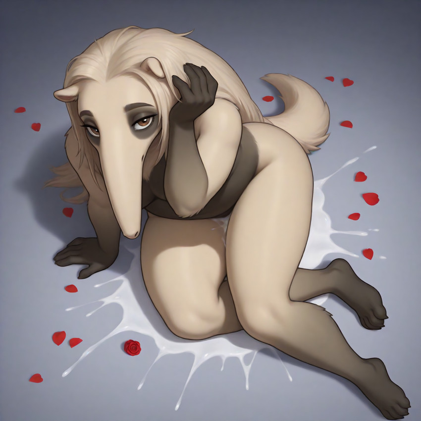 anthro bodily_fluids brown_eyes cum cum_pool curvy_figure exhausted eyebrows eyeliner female flower_petals genital_fluids hair hand_on_floor hand_on_head high-angle_view long_hair looking_at_viewer makeup petals rose_petals simple_background sitting nnam_si3 anteater mammal pilosan xenarthran hi_res