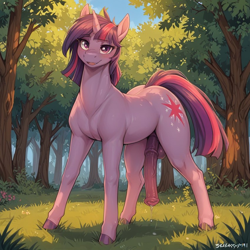 animal_genitalia animal_penis balls blush crossgender cutie_mark equine_genitalia equine_penis feral flower forest genitals grass intersex looking_at_viewer outside penis plant sky solo tree nameynamename my_little_pony twilight_sparkle_(mlp) equid equine horse mammal