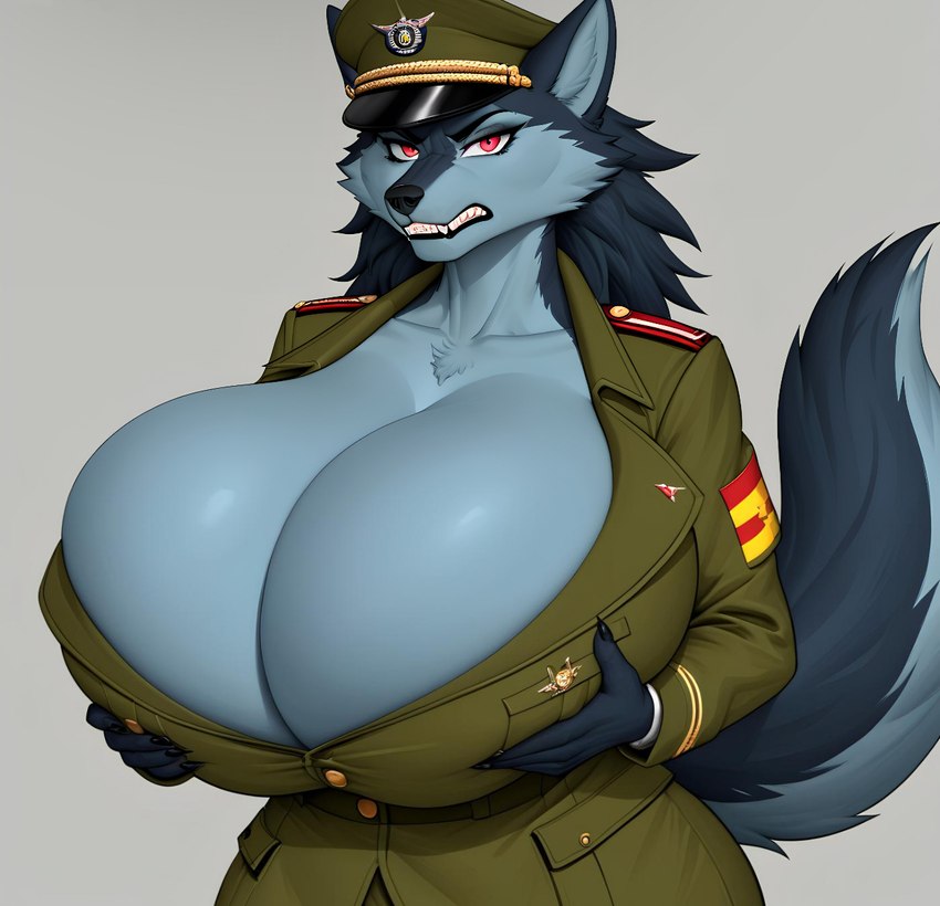 anthro big_breasts blue_body blue_fur bottomwear breasts clothed clothing female fur green_clothing green_topwear hair hat headgear headwear holding_breast huge_breasts hyper hyper_breasts looking_at_viewer military military_uniform red_eyes snarling solo teeth topwear uniform ailycanroc_(director) canid canine canis mammal wolf hi_res