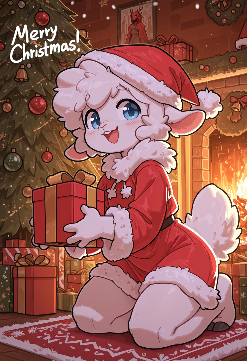 anthro blue_eyes christmas christmas_clothing christmas_headwear christmas_ornament christmas_present christmas_tree clothing fireplace fluffy fur gift gift_box happy hat headgear headwear holding_object hooves inside kneeling looking_at_viewer male open_mouth plant rug santa_hat smile solo text tree white_body white_fur wool_(fur) young tawu bovid caprine mammal sheep english_text hi_res