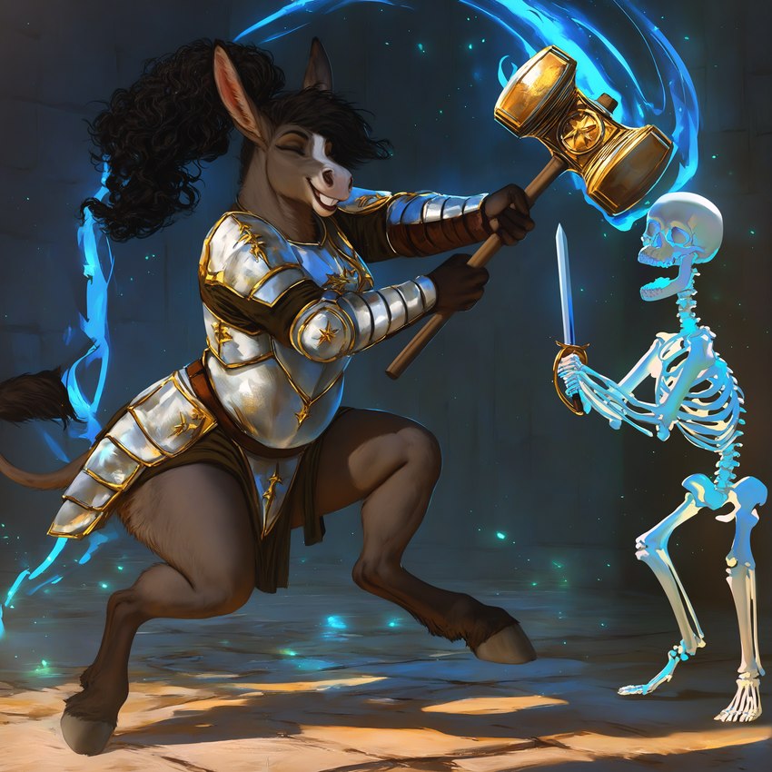 5_fingers anthro armor black_hair bone breasts clothed clothing duo eyes_closed female fingers fur grey_body grin hair hammer holding_object holding_sword holding_weapon hooves imminent_death magic melee_weapon skeleton smile sword tail_tuft tools tuft weapon anonymous_director animated_skeleton asinus donkey equid equine mammal undead hi_res