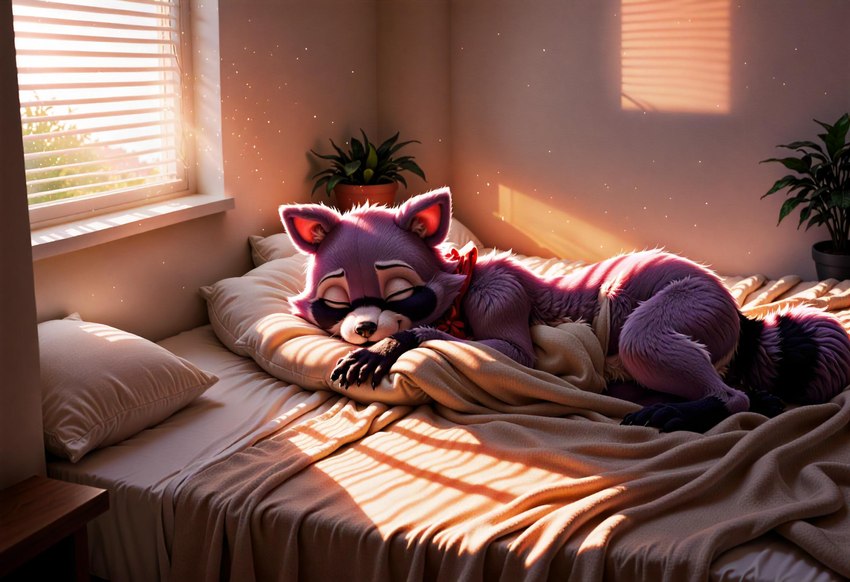 bedding bedroom blanket blinds cushion detailed_background eyes_closed feral fluffy lying male morning on_front particles plant plant_pot potted_plant sleeping solo sunrise tree window featherus rambley_raccoon mammal procyonid raccoon hi_res