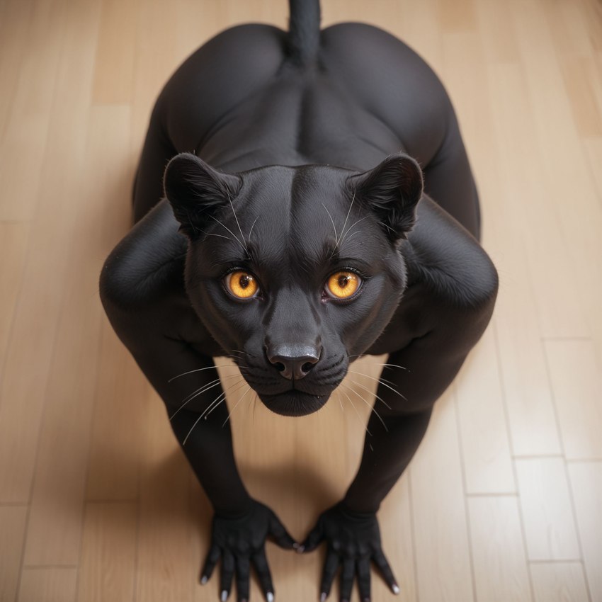 all_fours amber_eyes anthro black_body black_fur claw_nails detailed_fur female fur high-angle_view inner_ear_fluff looking_up_at_viewer realistic solo tuft whiskers wood_floor ilmpbx felid mammal pantherine detailed hi_res