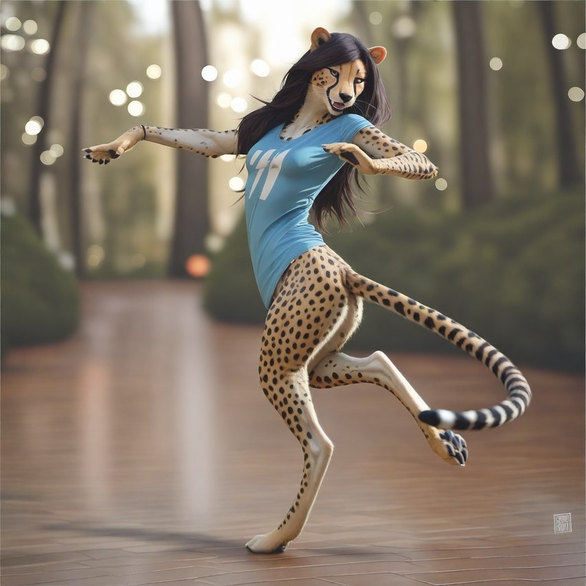 anthro black_hair bottomless clothed clothing dancing digitigrade female floor forest fur hair lights long_hair looking_at_viewer multicolored_body multicolored_fur plant shirt smile solo spots topwear tree director_crashbandit cheetah felid feline mammal attempted_signature hi_res novelai