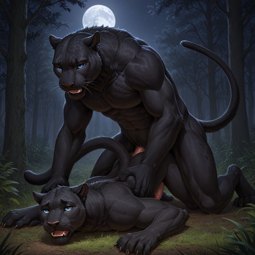 abs anal anal_penetration anthro athletic athletic_male black_body black_fur blue_eyes duo forest fur genitals grass ground light male male/male male_penetrated male_penetrating male_penetrating_male moon moonlight night penetration penis pinned pinned_to_ground plant raised_tail sex tree whiskers yiffymix_(model) bezi_(director) felid mammal pantherine