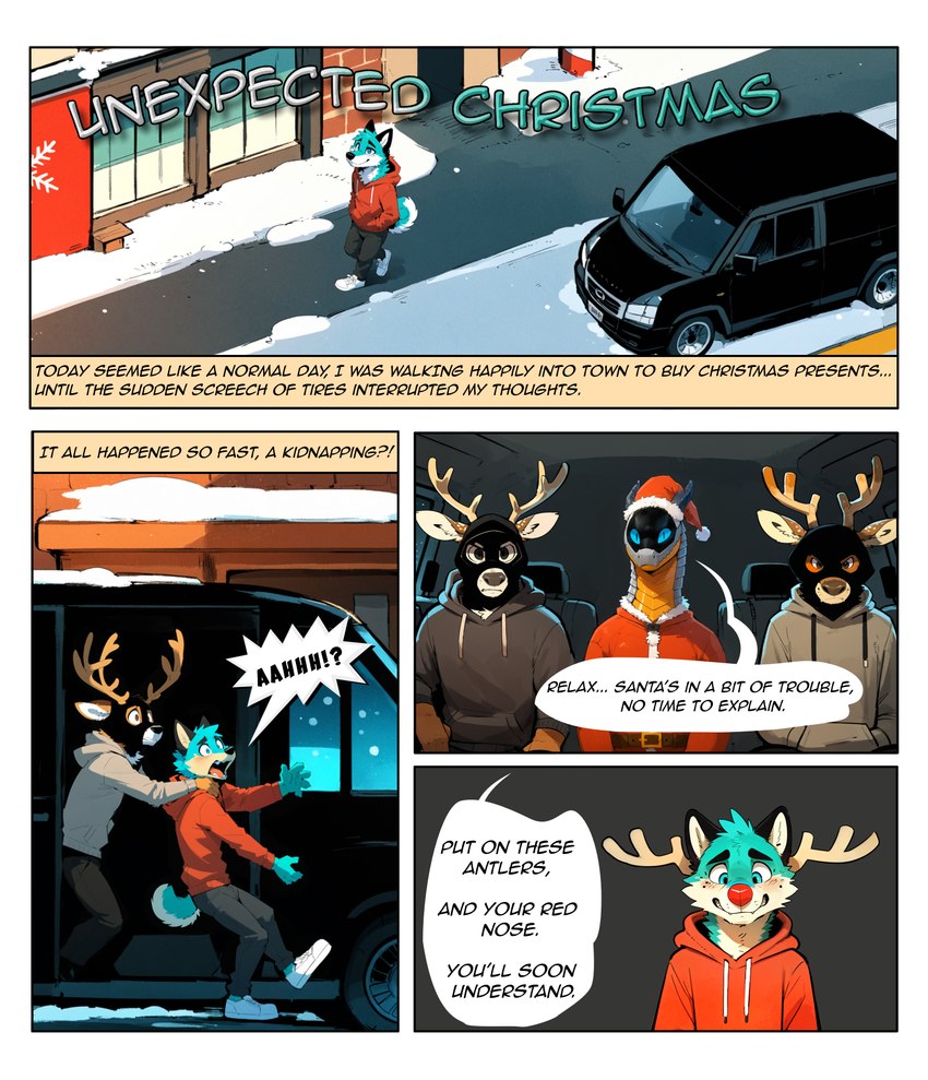 angry anthro antlers black_eyes blue_body blue_eyes blue_fur bottomwear car christmas_clothing christmas_headwear city city_background clothed clothing costume footwear fully_clothed fur group hat headgear headwear hoodie horn kidnapping male mask onomatopoeia orange_body outside pants santa_costume santa_hat scared shoes sneakers snow sound_effects speech_bubble text topwear vehicle winter zerpl praxis_(mo-net) zerp canid canine canis cervid domestic_dog mammal shiba_inu spitz synth_(vader-san) comic hi_res