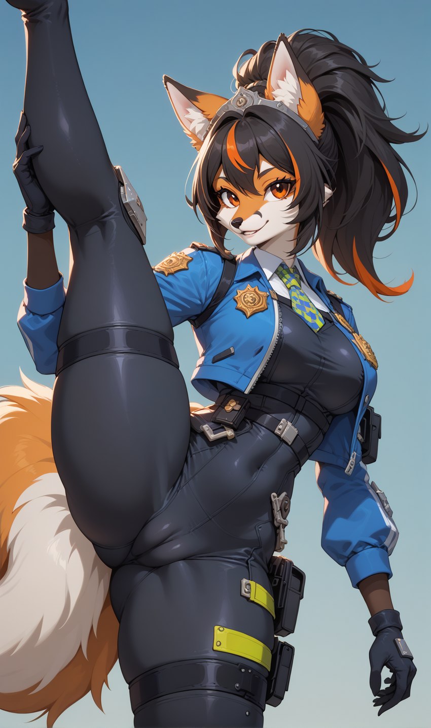 accessory anthro anthrofied belt_buckle black_nipples bottomwear camel_toe clothing female fur gloves handwear headband highlights_(coloring) holster kick necktie nipples orange_body orange_eyes orange_fur pants police police_badge police_officer police_uniform raised_leg red_highlights skintight_clothing smile smiling_at_viewer solo thick_thighs tight_bottomwear tight_clothing tight_pants uniform wide_hips master_beaster50 zhu_yuan canid canine fox mammal hi_res