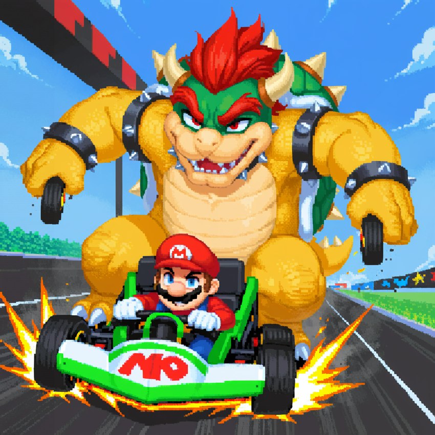 anthro car chasing claws clothing cloud day duo hair horn male nintendo open_mouth red_eyes red_hair teeth toe_claws vehicle unknown_director mario_kart super_mario_bros bowser mario human koopa mammal scalie digital_media_(artwork) hi_res pixel_(artwork)