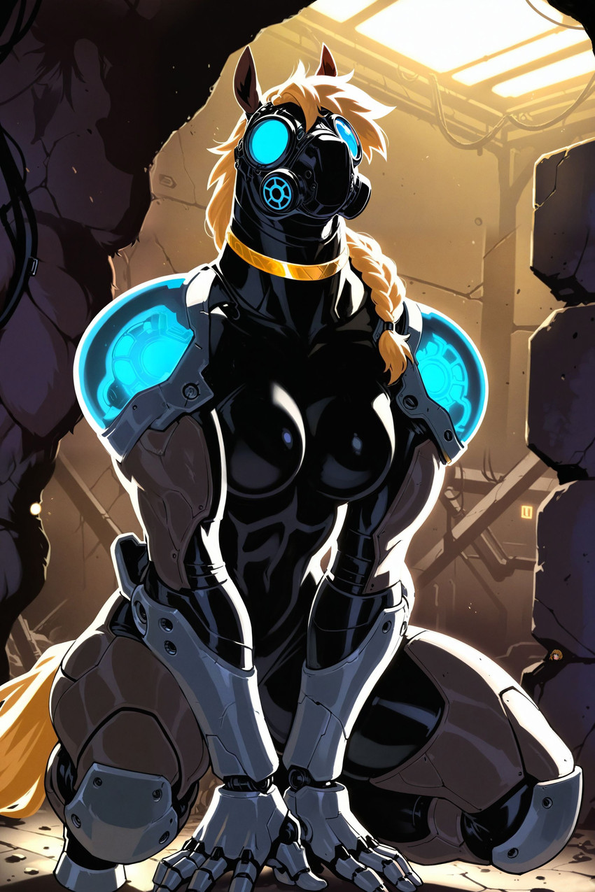 anthro blonde_hair braided_hair choker crouching cybernetics female gas_mask hair hands_on_ground jewelry machine mask necklace solo anonymous_director cyborg equid equine mammal absurd_res hi_res