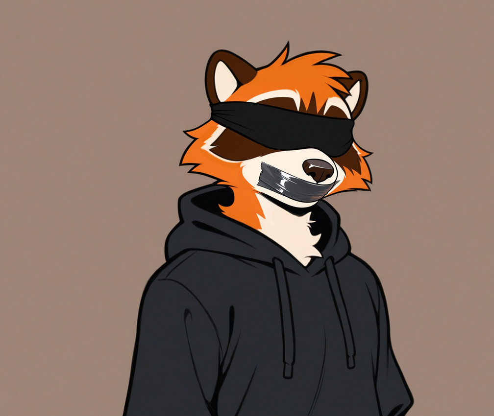 anthro black_clothing black_hoodie black_topwear blindfold cheek_tuft clothed clothing facial_tuft fur gag gagged hoodie male orange_body orange_fur simple_background solo tape tape_gag topwear tuft towersmash sam_stalwart mammal procyonid raccoon portrait
