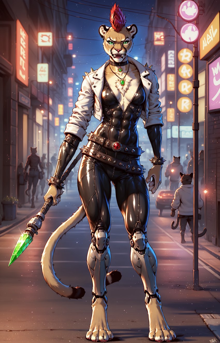 anthro athletic black_clothing blurred_background bodysuit breasts brown_body brown_fur choker city city_background clothing coat cybernetic_arm cybernetic_leg cybernetic_limb cybernetics cyberpunk fangs female fur green_eyes hair jewelry looking_at_viewer machine melee_weapon multicolored_body multicolored_fur navel necklace night orange_body orange_fur polearm red_hair short_hair skinsuit solo spear street teeth tight_clothing topwear two_tone_body two_tone_fur underwear weapon white_body white_clothing white_coat white_fur white_topwear tiberiumcat tibe cougar felid feline mammal hi_res