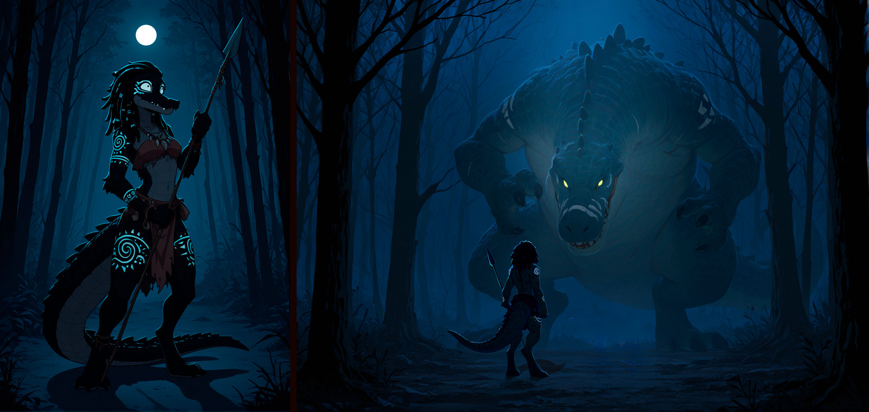 anthro barefoot digitigrade dreadlocks duo feet female forest glowing glowing_tattoo holding_object holding_weapon jewelry male markings melee_weapon moon necklace night outside plant polearm scared size_difference solo spear tattoo tree tribal tribal_clothing tribal_jewelry tribal_markings tribal_necklace tribal_tattoo weapon loren_iipsum crocodilian monster reptile scalie hi_res