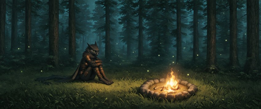 anthro armor beak black_body black_fur campfire cape claws clothed clothing feet female fluffy forest fully_clothed fur grass green_sclera leather leather_armor long_tail neck_tuft night plant sitting sitting_on_ground solo spots spotted_body spotted_fur tree tuft oldhroft shadow_(oldhroft) arthropod avian beetle elateroid firefly insect velari absurd_res hi_res wallpaper