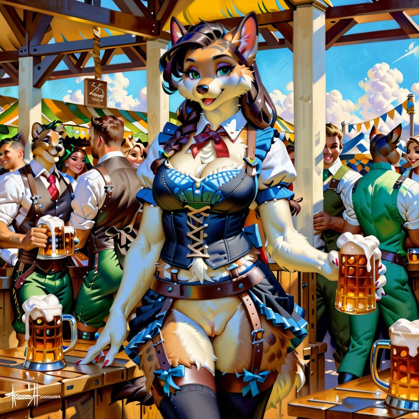 alcohol anthro beer beverage bottomless clothed clothing crowd female genitals group looking_at_viewer oktoberfest open_mouth open_smile outdoors pussy smile denis0k felid leopard mammal pantherine