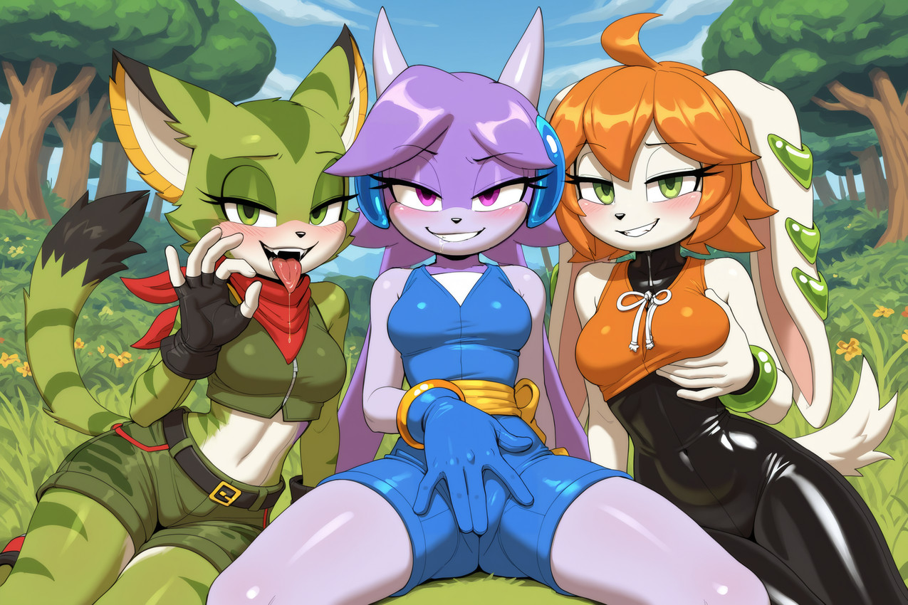 2_horns 5_fingers anthro bedroom_eyes belt biped black_bodysuit black_clothing black_gloves black_handwear black_nose blue_clothing blush bodily_fluids bodysuit bottomwear bracelet breasts camel_toe clothed clothed_anthro clothed_female clothing cloud crop_top crossover day dipstick_tail drooling ear_markings enjoying eyebrows eyelashes facial_markings fangs female female/female female_anthro fingering fingerless_gloves fingers floppy_ears forest fur genital_outline gesture glistening glistening_clothing gloves grass green_body green_bottomwear green_clothing green_eyes green_fur green_shorts green_topwear grin group hair half-closed_eyes hand_on_breast hand_on_own_breast handwear head_markings holding_breast horn jewelry kerchief latex latex_clothing latex_skinsuit looking_at_viewer markings medium_breasts midriff multicolored_tail mythology narrowed_eyes nature nature_background navel neckerchief neckwear open_mouth orange_clothing orange_hair outside pink_eyes pink_tongue plant presenting purple_body purple_eyes purple_fur purple_hair red_clothing red_kerchief red_neckerchief red_scarf saliva saliva_string scarf seductive shirt shorts sitting skinsuit sky small_breasts smile spread_legs spreading striped_body striped_fur stripes tail tail_markings tan_body tan_fur teeth tight_clothing tongue tongue_out topwear tree trio white_body white_fur zipper gridanon freedom_planet carol_tea milla_basset sash_lilac aquatic_dragon canid canine canis domestic_cat domestic_dog dragon felid feline felis hunting_dog mammal marine mythological_creature mythological_scalie scalie scent_hound wildcat hi_res stable_diffusion