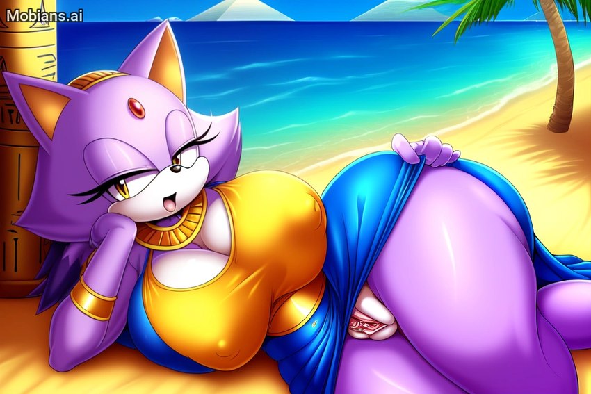 anthro beach big_breasts big_butt breasts butt cleavage clothed clothing clothing_lift dress dress_lift egyptian_clothing female genitals huge_breasts huge_butt lying mobians.ai nipple_outline on_side plump_labia purple_body pussy seaside solo sonic_the_hedgehog_(series) thick_thighs wide_hips yellow_eyes anonymous_director blaze_the_cat domestic_cat felid feline felis mammal watermark