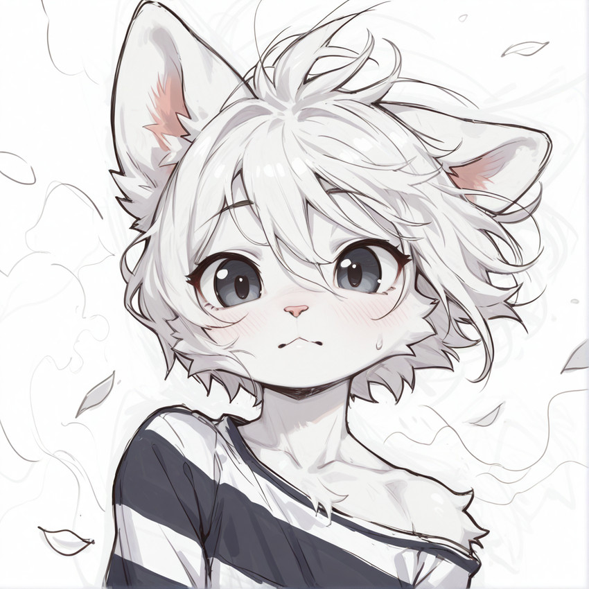 anthro clothed clothing fur male off_shoulder shy simple_background solo white_background white_body white_fur keryesh4ka domestic_cat felid feline felis mammal