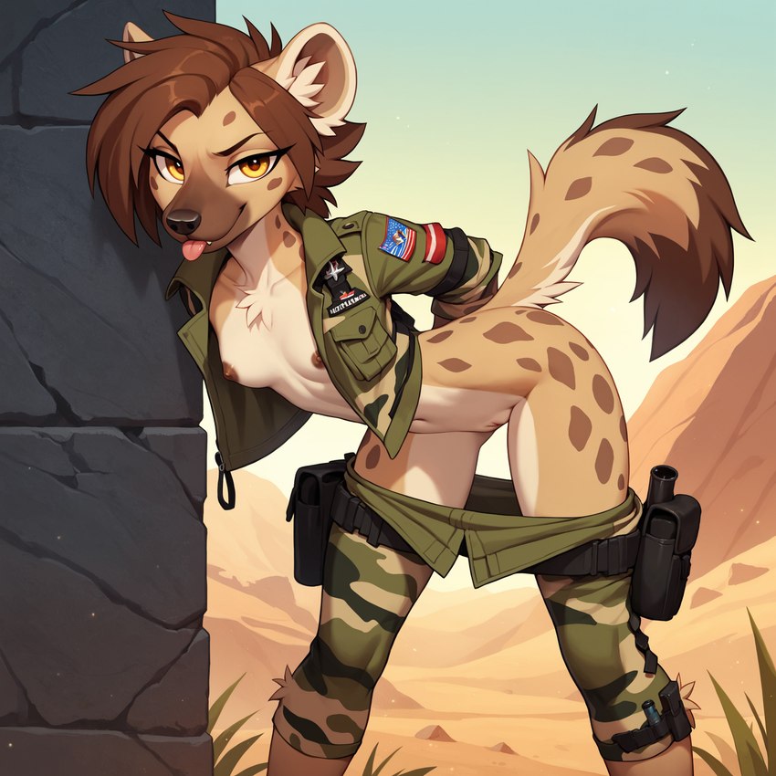 anthro bent_over black_nose bottomwear bottomwear_down breasts brown_body brown_fur brown_hair brown_nipples camo clothed clothing female fur genitals golden_eyes hair hand_behind_back jacket looking_at_viewer military_uniform nipples pants pants_down partially_clothed pussy raised_tail savanna short_hair small_breasts smug solo spots spotted_body spotted_fur stone_wall tactical_gear thigh_gap tongue tongue_out topwear undressing uniform wall_(structure) sagrael hyaenid mammal hi_res