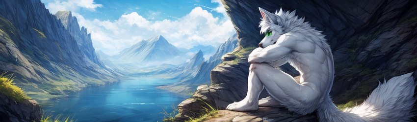 anthro cloud detailed_background digitigrade fluffy fluffy_tail fur grass green_eyes lake landscape male mountains muscular nude plant sitting sitting_on_ground solo white_body white_fur yalonip canid canine canis mammal wolf absurd_res hi_res