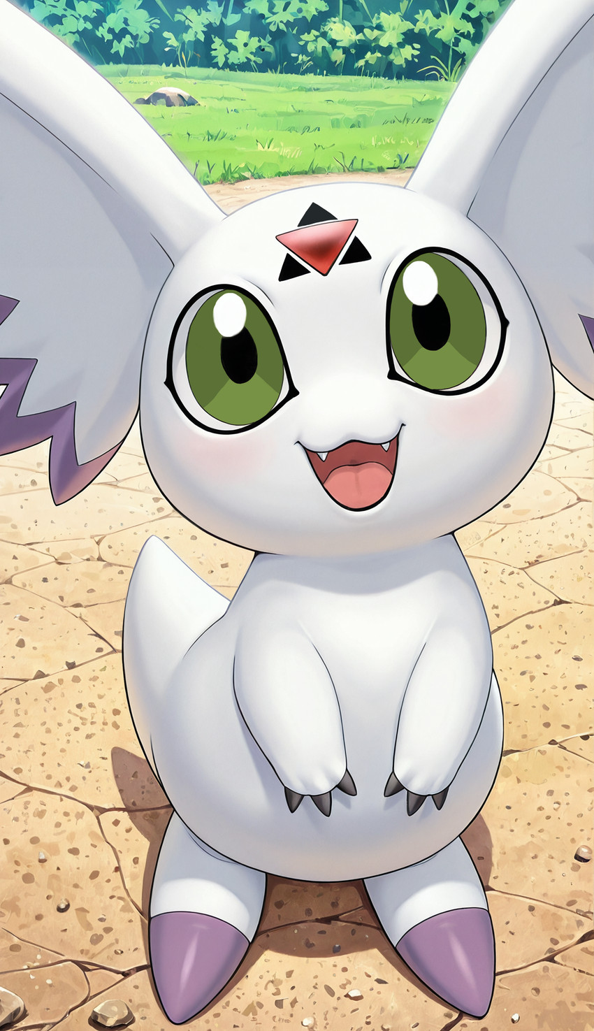 3_fingers ambiguous_gender big_ears big_eyes blush claws fangs finger_claws fingers grass green_eyes looking_at_viewer open_mouth open_smile outside path paws plant rock short_tail smile smiling_at_viewer tail teeth white_body yiff_ai_(director) bandai_namco digimon digimon_tamers calumon digimon_(species) absurd_res hi_res