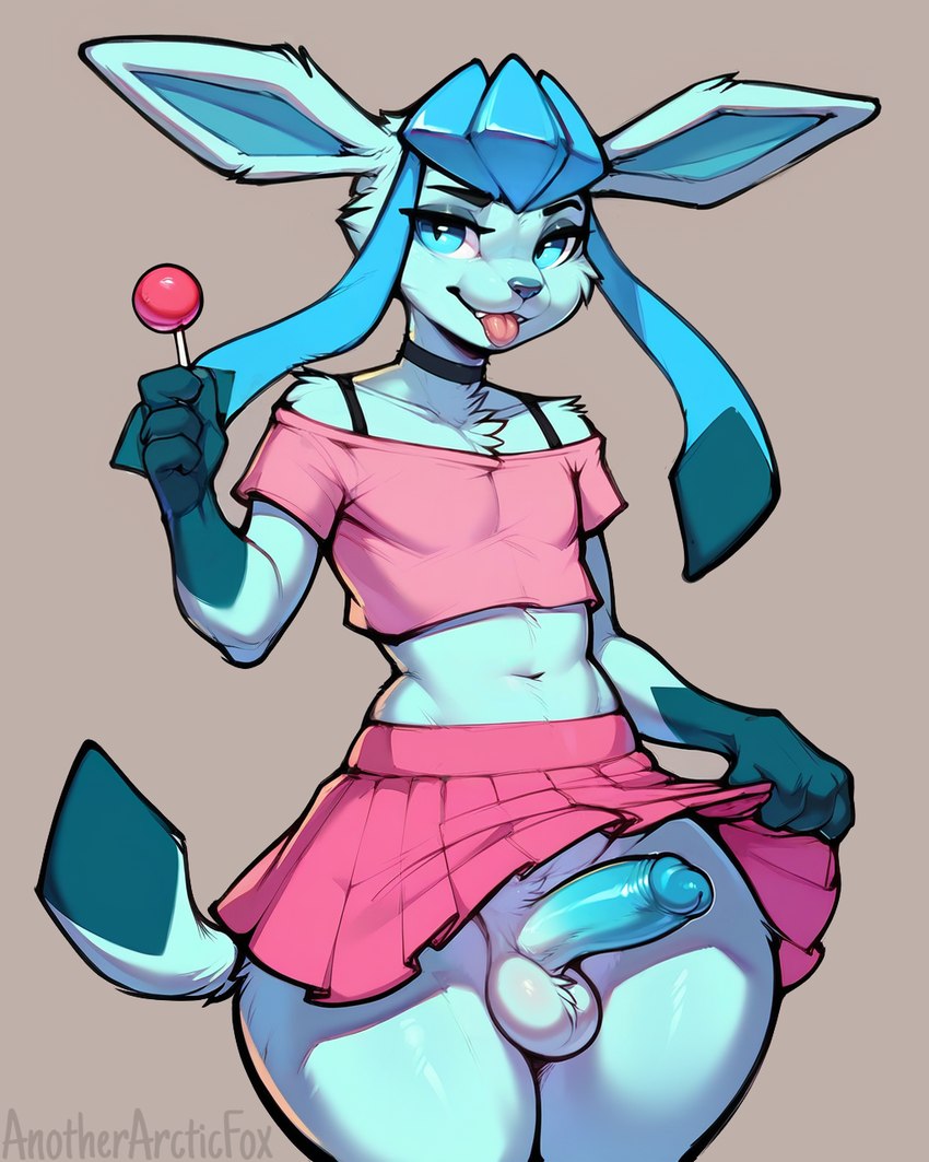 anthro balls bottomwear candy clothed clothing clothing_lift crop_top crossdressing dessert erection food genitals girly humanoid_genitalia humanoid_penis lollipop male penis raised_bottomwear raised_clothing raised_skirt shirt skirt skirt_lift solo tongue tongue_out topwear upskirt anotherarcticfox eeveelution generation_4_pokemon glaceon pokemon_(species) hi_res watermark