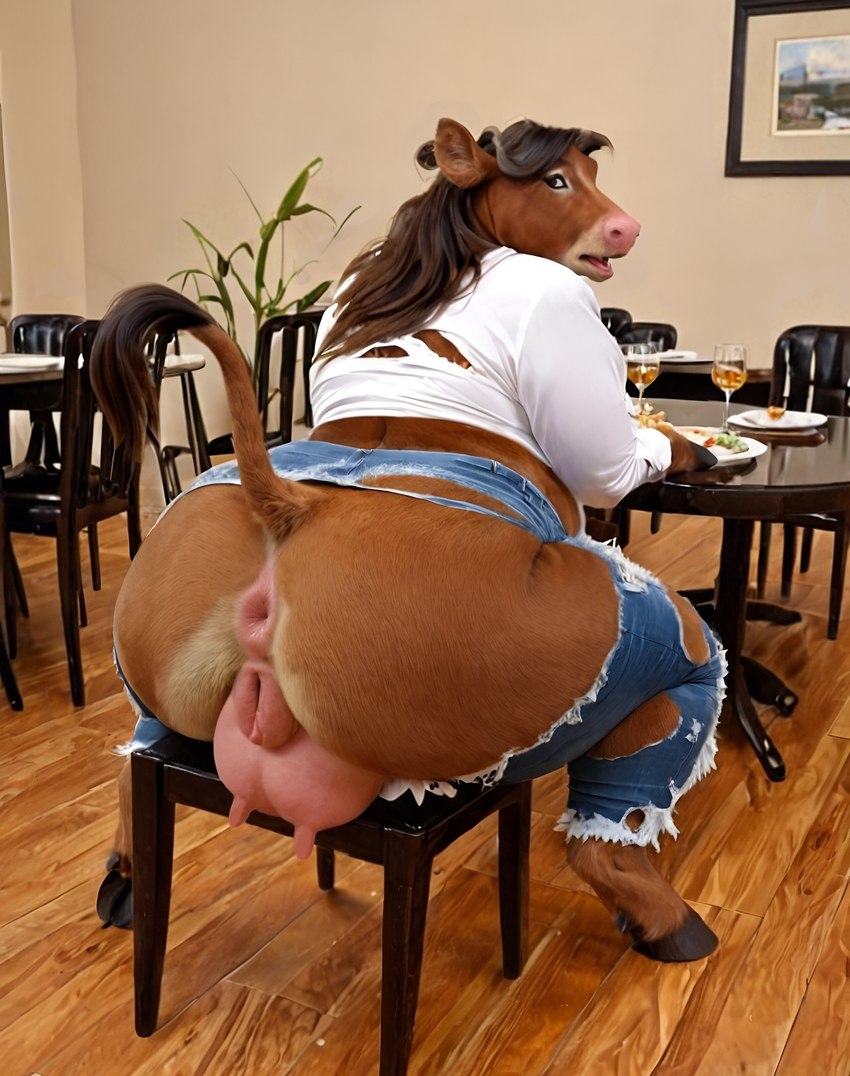 after_transformation anthro anus big_butt bottomwear brown_body brown_hair butt chair clothed clothing cow_ears female fur furniture genitals hair hooves looking_at_viewer looking_back looking_back_at_viewer on_chair overweight overweight_female pants partially_clothed photorealism photorealistic pink_nose presenting presenting_hindquarters presenting_pussy public public_nudity pussy realism realistic restaurant semi-anthro sitting sitting_on_chair solo table tail_tuft tan_body teats thick_thighs topwear torn_bottomwear torn_clothing torn_pants torn_topwear transformation tuft udders voluptuous_female white_clothing anonymous_director bovid bovine cattle mammal absurd_res hi_res