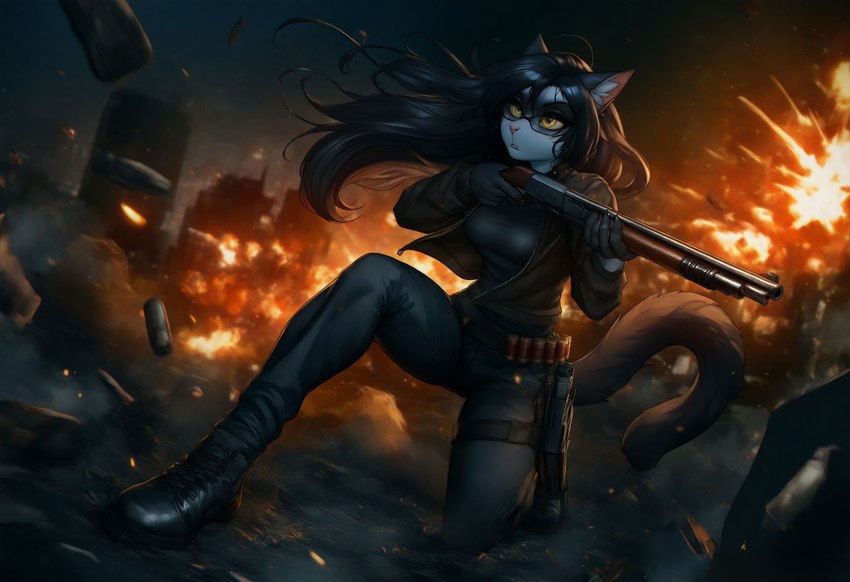 anthro black_clothing black_hair black_shirt black_topwear boots bottomwear brown_clothing brown_jacket brown_topwear clothing dark_background explosion eyewear female footwear glasses gun hair holding_object holding_weapon holster jacket kneeling long_hair on_one_knee pants ranged_weapon shirt shotgun solo topwear weapon yellow_eyes anotherneko domestic_cat felid feline felis mammal hi_res signature