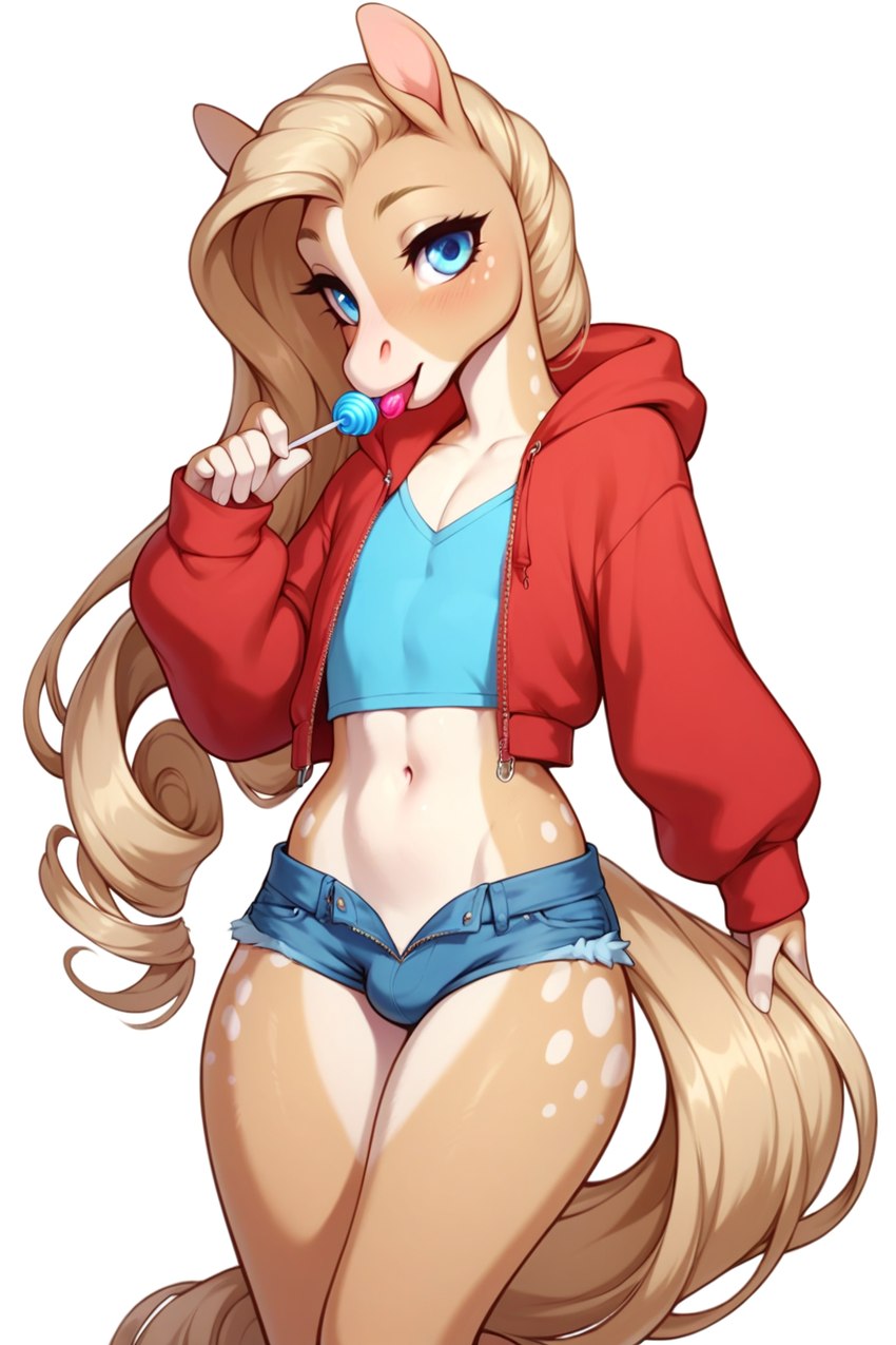 anthro blonde_hair bottomwear candy clothing crop_top cutoffs denim denim_clothing dessert femboy food girly hair hoodie lollipop male shirt shorts simple_background solo tongue tongue_out topwear white_background hoodie_(hood_man5) hoodie_the_horse equid equine horse humanoid mammal hi_res