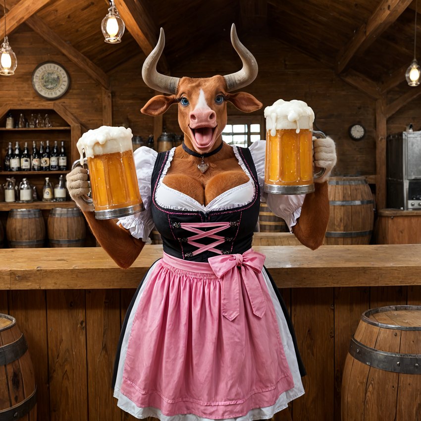 <3 alcohol anthro barrel beer beverage big_breasts blue_eyes bovid_horn breasts brown_body brown_fur cleavage clothed clothing counter dirndl dress eyelashes female fur happy holding_object horn inside jewelry lamp long_eyelashes looking_at_viewer mug necklace nostrills open_mouth photorealism pink_clothing pink_nose realistic solo standing tongue wall_(structure) wood_wall wooden_building silvicultor bovid bovine cattle mammal hi_res