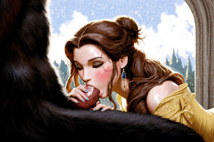 anthro duo fellatio female genitals male male/female oral penile penis sex hyperion beast_(disney) belle_(beauty_and_the_beast) human mammal