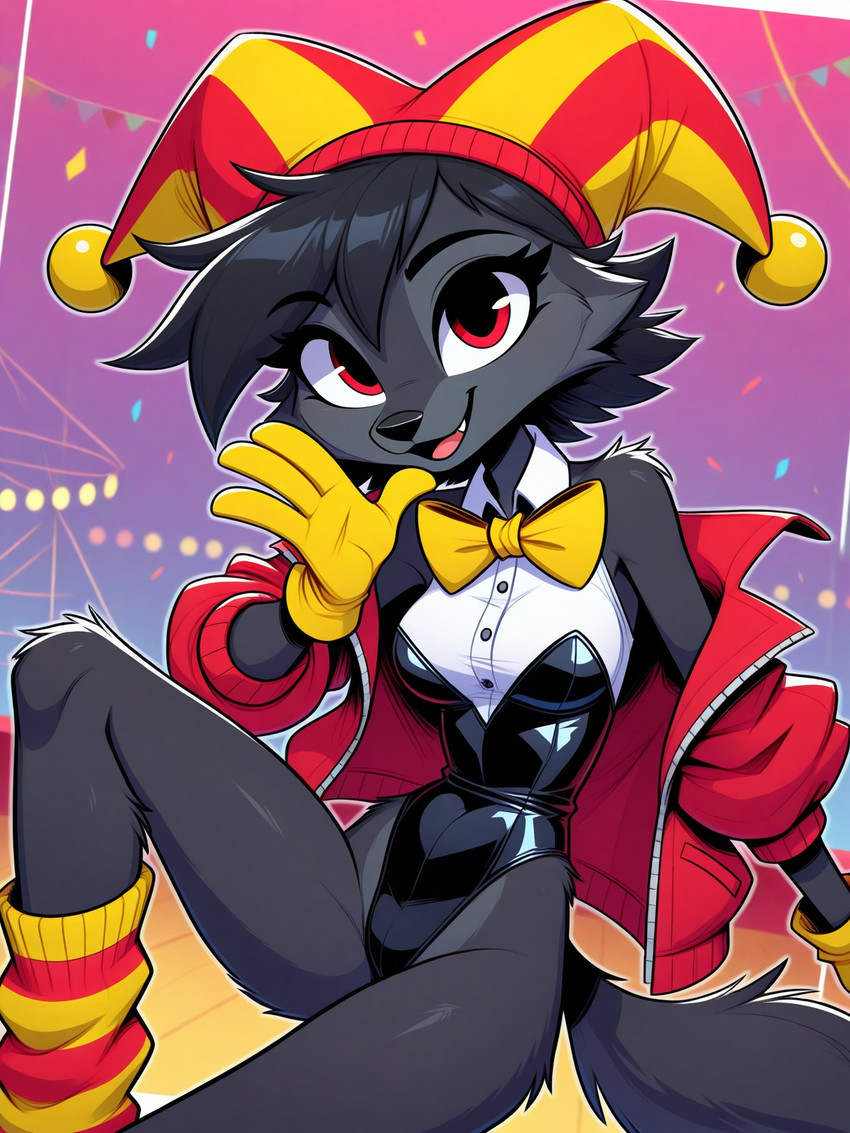 4_fingers anthro black_body black_fur black_hair black_nose bowtie breasts cheek_tuft circus clothed clothing facial_tuft fangs female fingers fool's_hat front_view fur gloves grey_body grey_fur hair handwear hat headgear headwear jacket latex_clothing leg_warmers legwear long_tail looking_at_viewer medium_breasts multicolored_body multicolored_fur open_mouth red_eyes short_hair shoulder_tuft sitting smile solo teeth tongue topwear tuft two_tone_body two_tone_fur ghostrabbit canid canine mammal hi_res