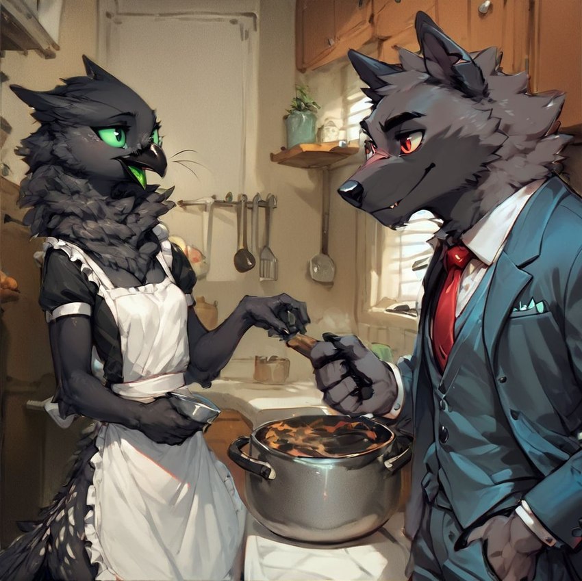 5_fingers appliance apron beak black_beak black_body black_eyes black_fur breasts chest_tuft clothing cooking countershading duo duo_focus female fingers fist formal_clothing fur green_sclera grey_body grey_fur group holding_object inside kitchen kitchen_utensils looking_at_another maid_uniform male male/female markings necktie notched_ear open_mouth open_smile plant pose red_eyes red_necktie reverse_countershading shirt small_breasts smile stove tail_tuft tools topwear tuft uniform vest white_clothing white_markings white_shirt white_topwear wholesome_content arturowolff_(director) arturowolff shadow_(oldhroft) avian canid canine canis mammal velari wolf