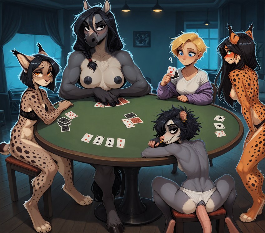 anthro bottomless bra breasts card card_game chair clothed clothing exposed_breasts facial_piercing female furniture gaming group looking_at_viewer looking_back looking_back_at_viewer nipples nose_piercing nose_ring on_chair panties partially_clothed piercing poker_table ring_piercing sitting sitting_on_chair strip_poker topless underwear window anonymous_director american_opossum didelphid equid equine felid feline horse human lynx mammal marsupial virginia_opossum hi_res