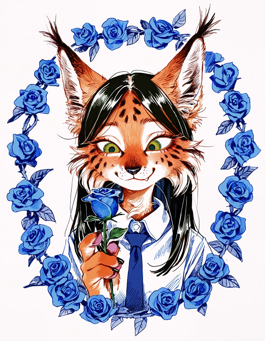 anthro female flower fur green_eyes inner_ear_fluff necktie plant prick_ears smile solo spots spotted_body spotted_fur teeth tuft anonymous_director invoke_high felid feline mammal hi_res