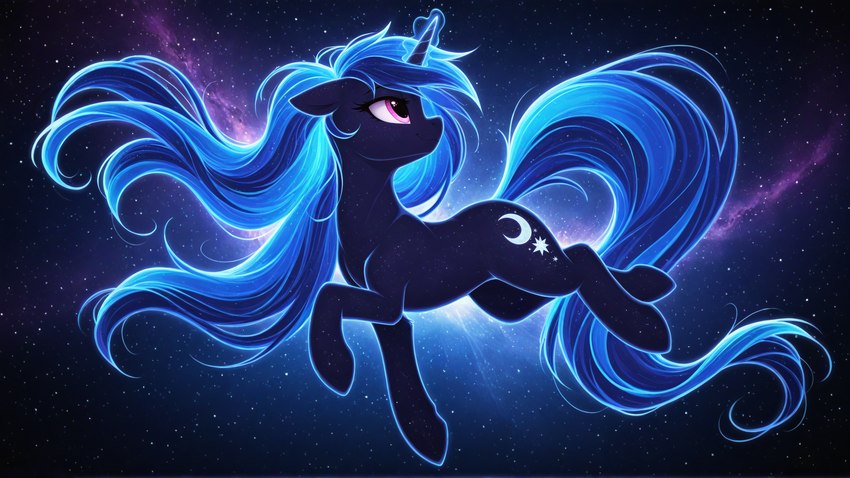 cosmic_background cutie_mark ears_down female feral friendship_is_magic glowing glowing_horn hair hasbro hoof horn mane multicolored_hair multicolored_mane multicolored_tail nebula neon pivoted_ears raised_leg sky smile solo space star starry_background starry_sky tyto4tme4l my_little_pony equid equine mammal unicorn hi_res