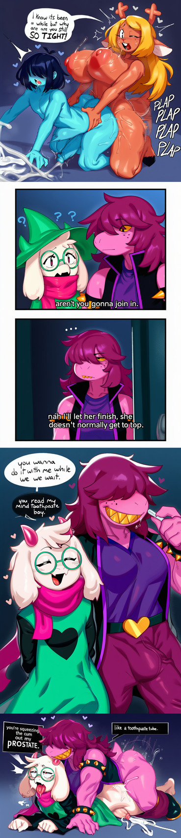 <3 anthro blue_body blue_skin blush bodily_fluids breasts clothed clothing dialogue eyewear fur glasses group gynomorph gynomorph/male gynomorph_penetrating gynomorph_penetrating_male hair hair_over_eyes hat headgear headwear horn intersex intersex/male intersex_penetrating intersex_penetrating_male male male_penetrated penetration purple_hair scarf sex smile text text_box white_body white_fur hellsonger deltarune undertale_(series) kris_(deltarune) noelle_holiday ralsei susie_(deltarune) bovid caprine darkner goat human humanoid mammal reptile scalie absurd_res comic english_text hi_res long_image tall_image