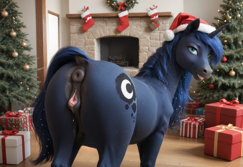 animal_genitalia animal_pussy blue_body blue_hair christmas_clothing christmas_headwear christmas_tree clothing equine_pussy female feral genitals hair hat headgear headwear horn looking_at_viewer looking_back plant pussy santa_hat solo tail_up tree mare_fan_ultimate my_little_pony princess_luna_(mlp) equid equine mammal unicorn