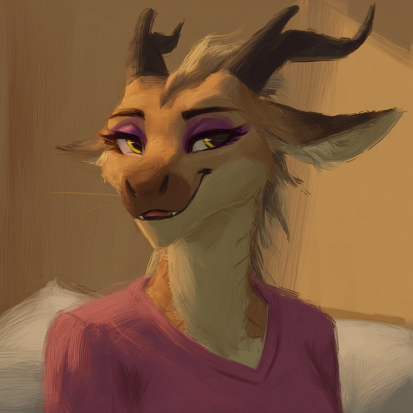 ai_assisted anthro clothing eyebrows eyeshadow female fur hair horn makeup mythology parted_lips pink_clothing pink_shirt pink_topwear shirt solo teeth topwear yellow_eyes sappy_(director) dragon furred_dragon mythological_creature mythological_scalie scalie bust_portrait hi_res oil_painting_(artwork) painting_(artwork) portrait traditional_media_(artwork)